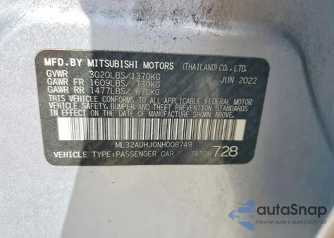 2022 Mitsubishi Mirage Es from USA, damaged, VIN ML32AUHJ0NH008749